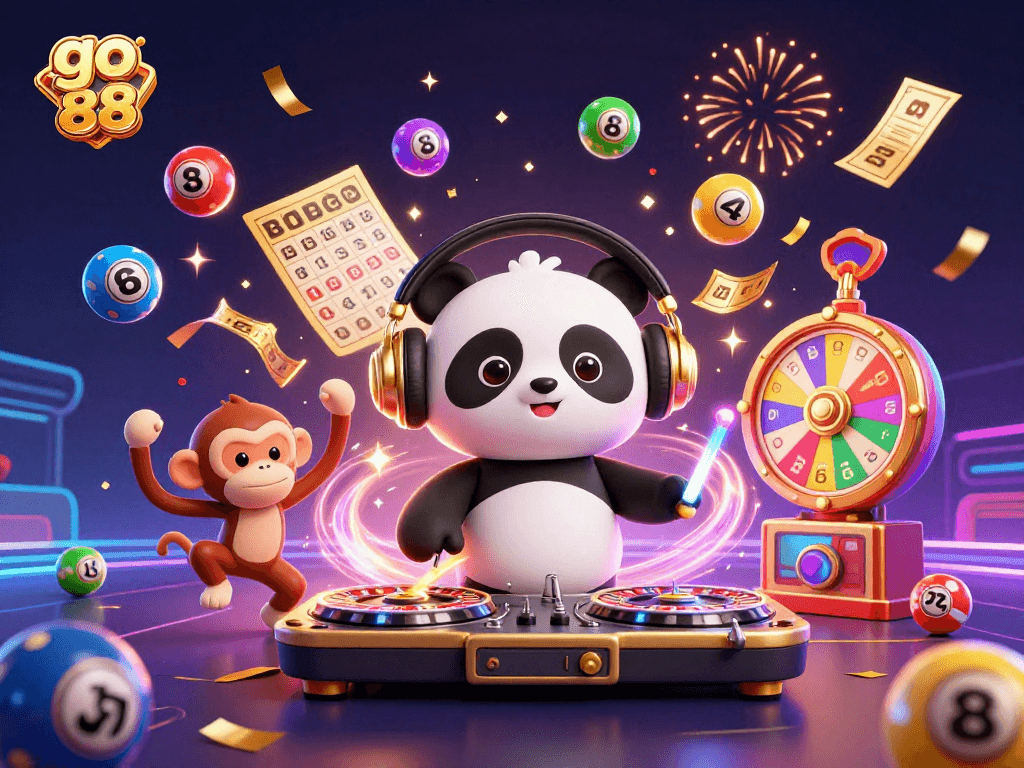 Experience the excitement of go 88 in this vibrant casino illustration with lively characters and dynamic elements.