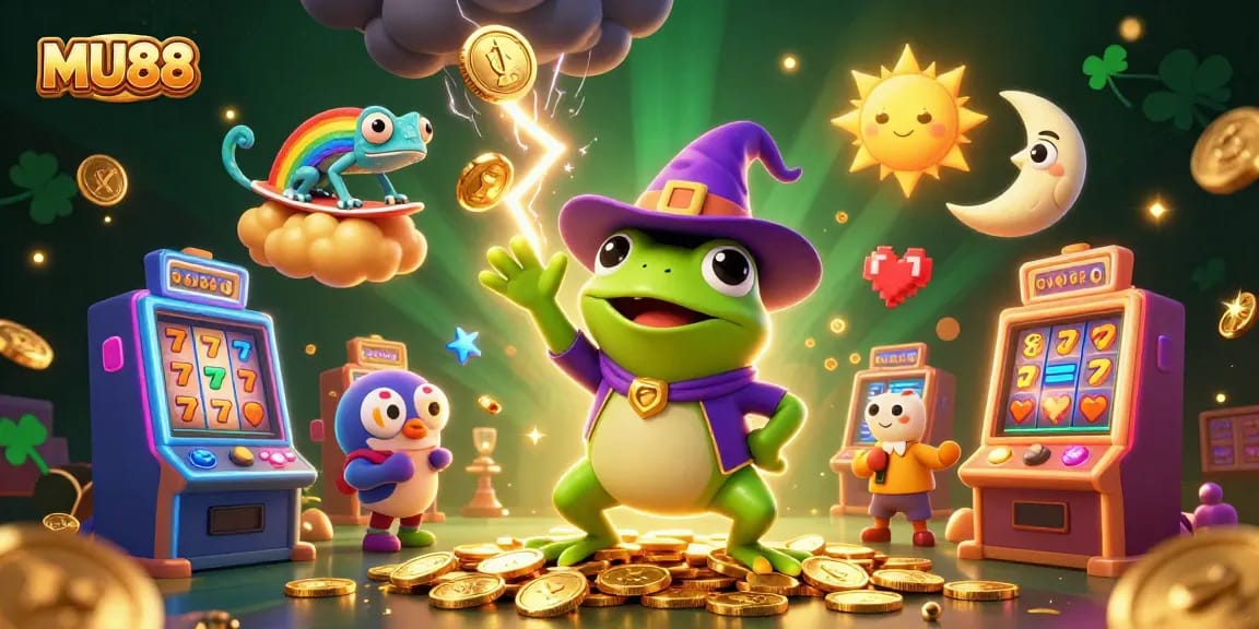 Engage in winning at MU88 with vibrant 3D cartoon casino characters amidst a storm of gold coins and slots.