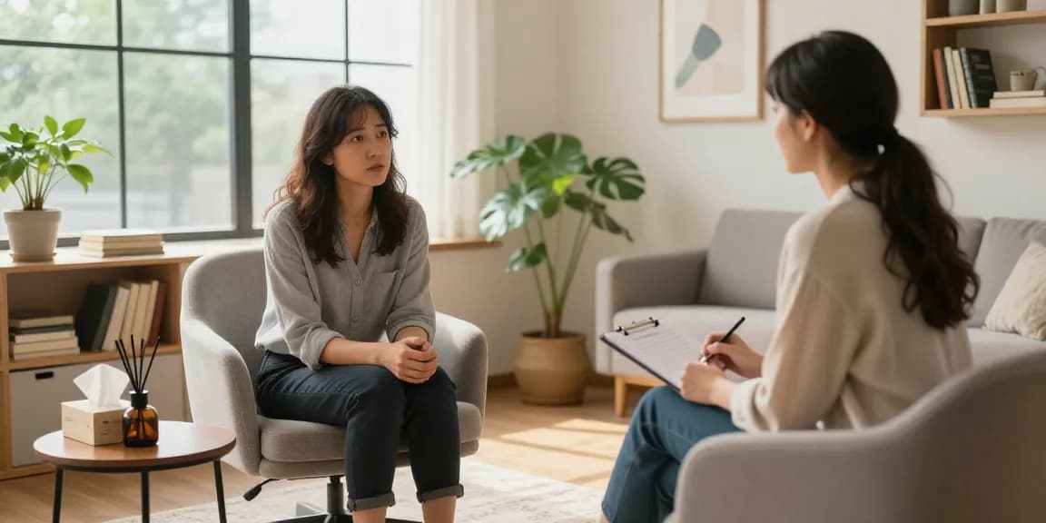 Therapy session discussing 抑鬱症, psychiatrist engaging with patient in a calming environment.