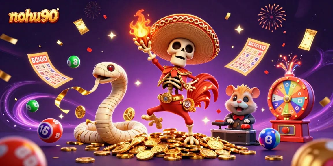 Nohu90 features a lively scene with a cartoon rooster, mummy snake, and DJ hamster celebrating amidst casino elements.