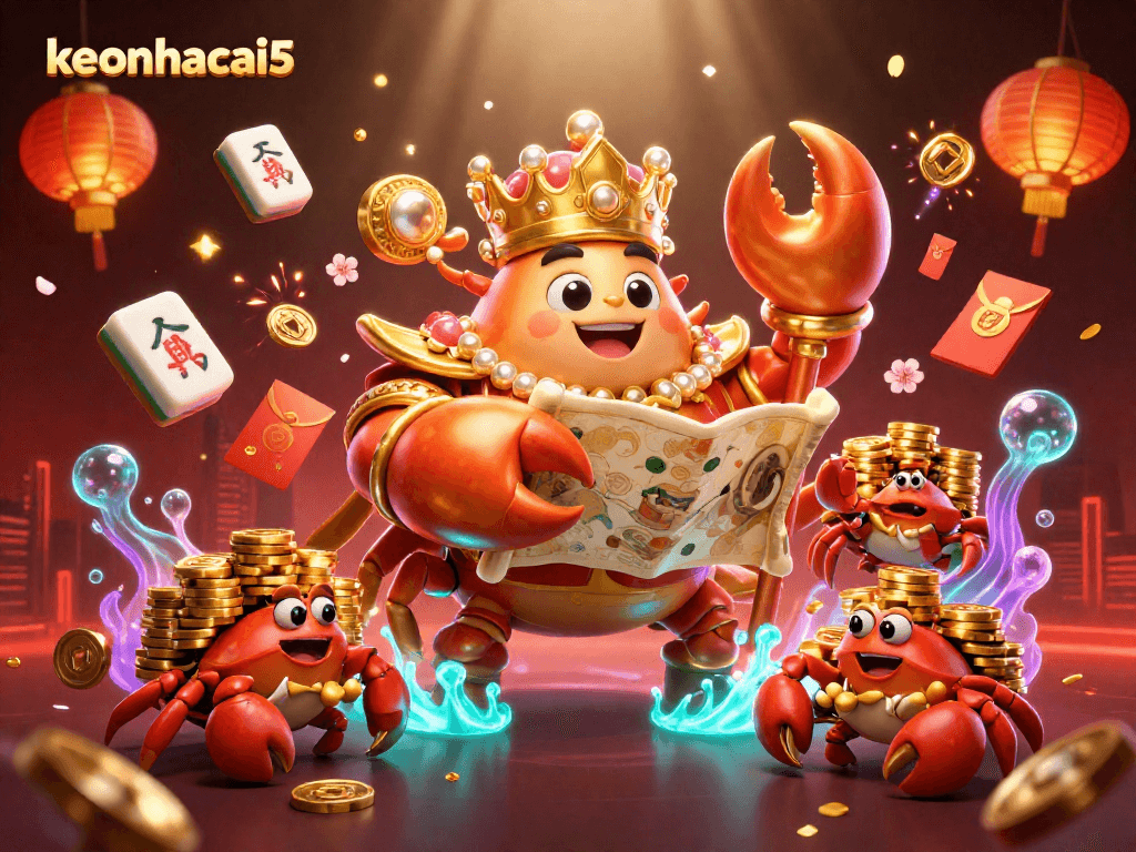 Engage with keonhacai5's dynamic 3D illustration showcasing a golden crab emperor in a vibrant casino world.