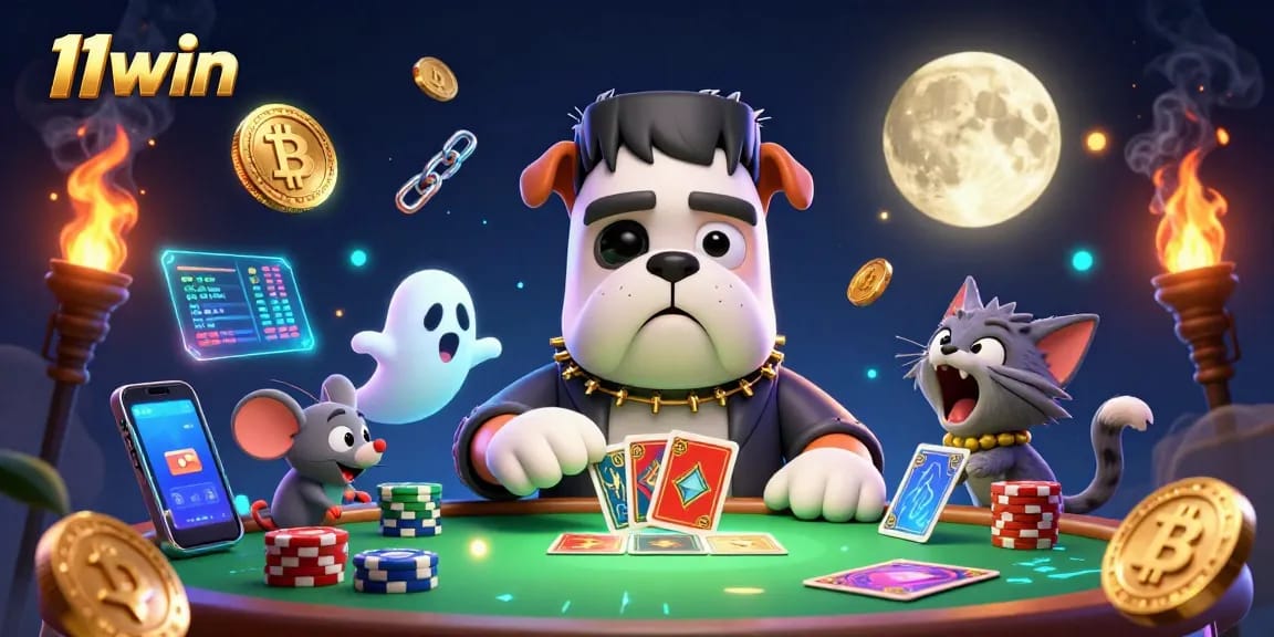 Engage in thrilling gameplay with 11win's casino atmosphere featuring a bulldog dealer.