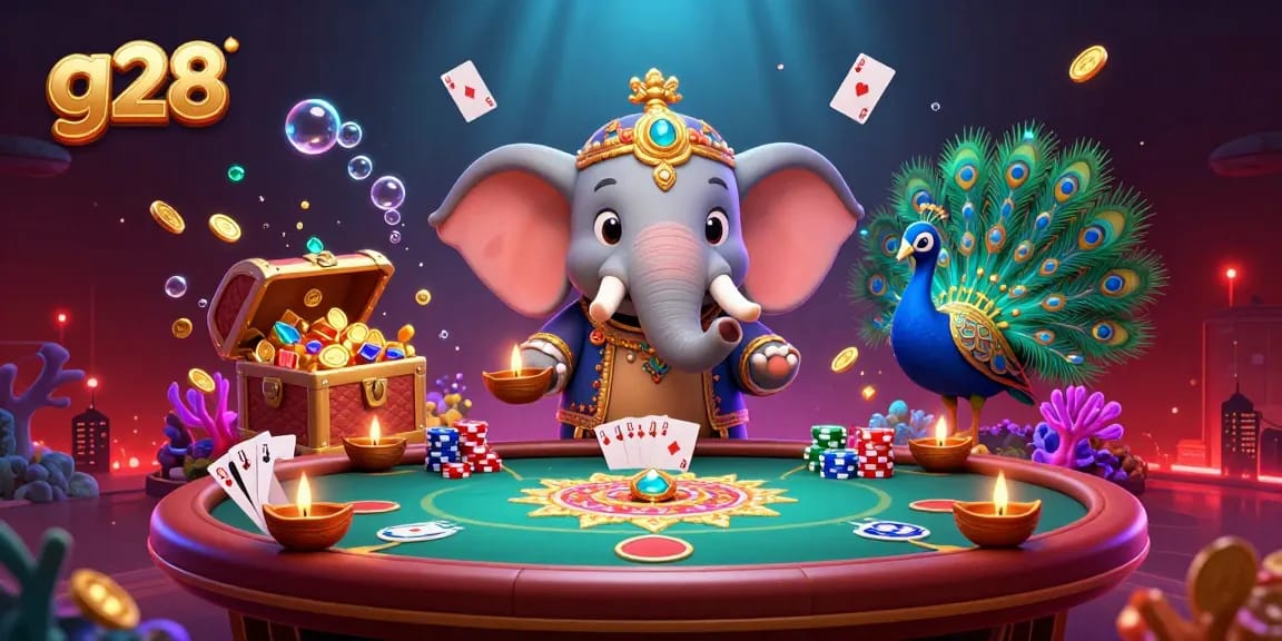 Experience g28 with this vibrant casino illustration featuring a colorful elephant and poker elements.