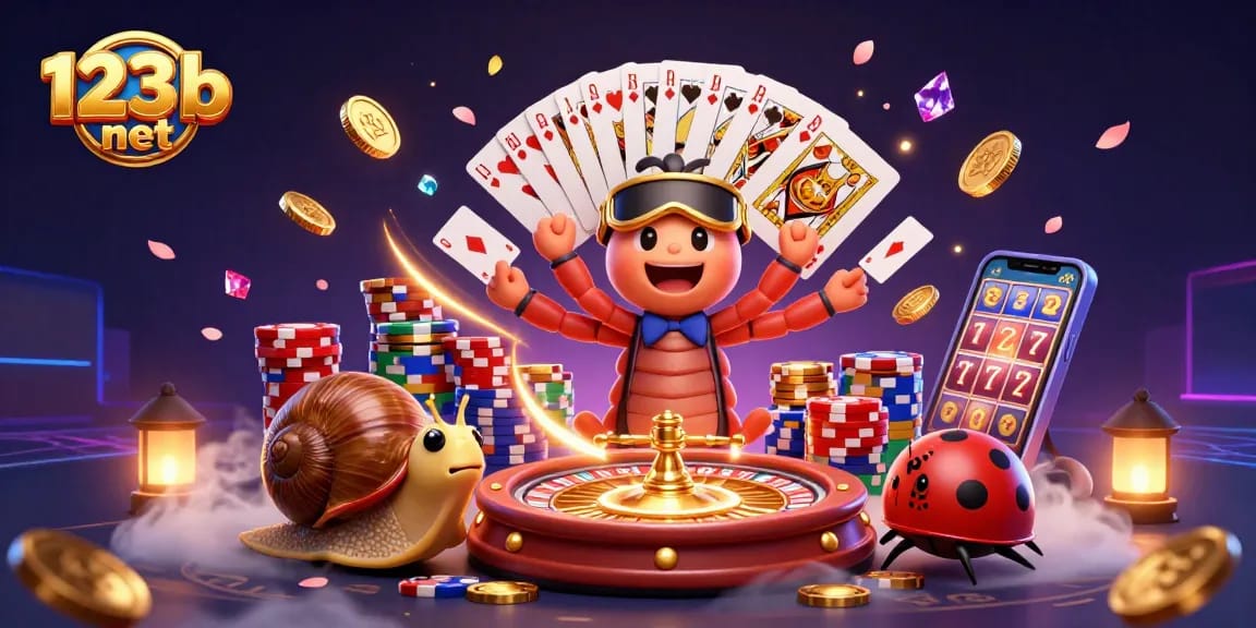 Experience the excitement of 123b net with cartoon characters playing cards and vibrant casino elements.