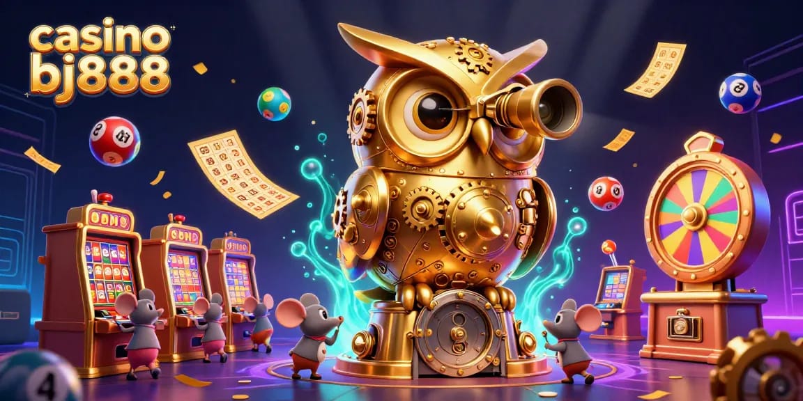 Experience the excitement of casino bj888 with a vibrant 3D scene of a golden owl and colorful slot machines.