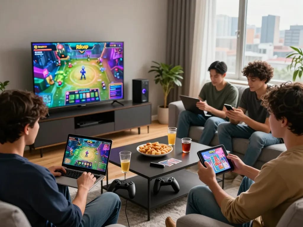 Friends enjoying Rikvip card games in a cozy living room with modern gaming setups.
