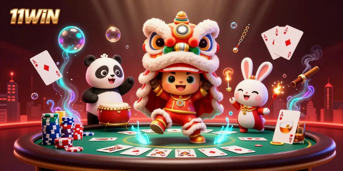 Join the excitement with 11WIN as characters celebrate at a vibrant casino scene filled with games and action.
