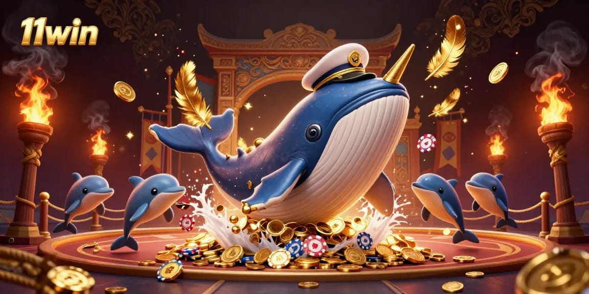 Experience thrill and excitement at 11win with a dynamic 3D casino illustration featuring a breaching whale and playful dolphins.