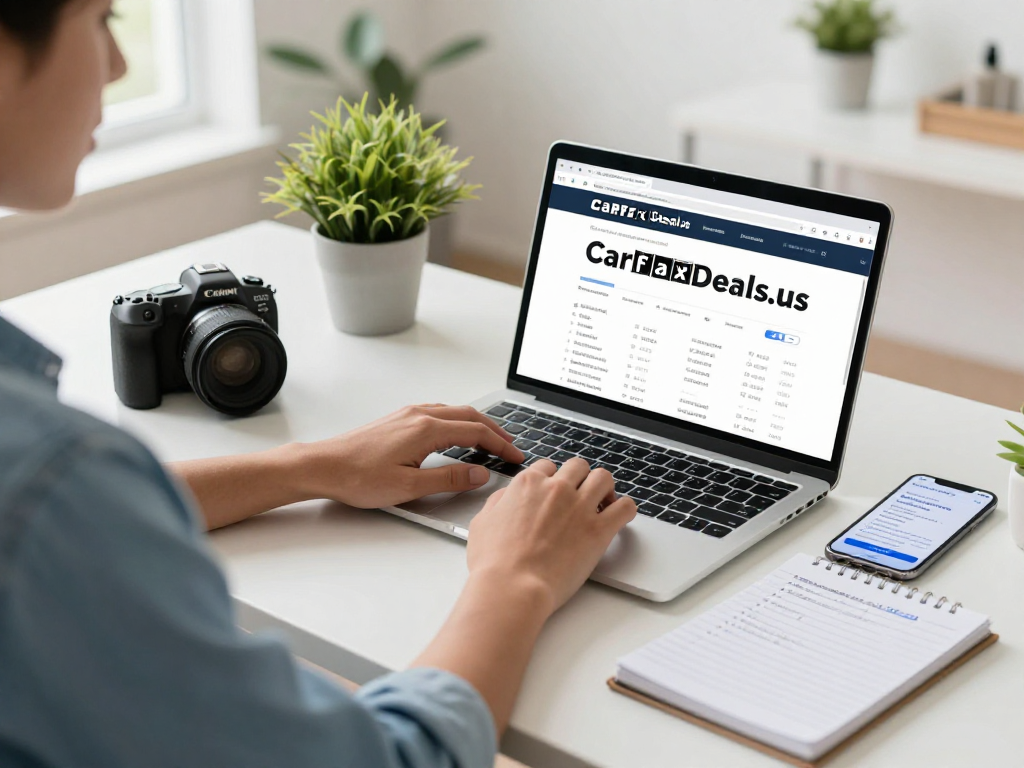 Using a carfax search by vin on a laptop in a modern office setting.