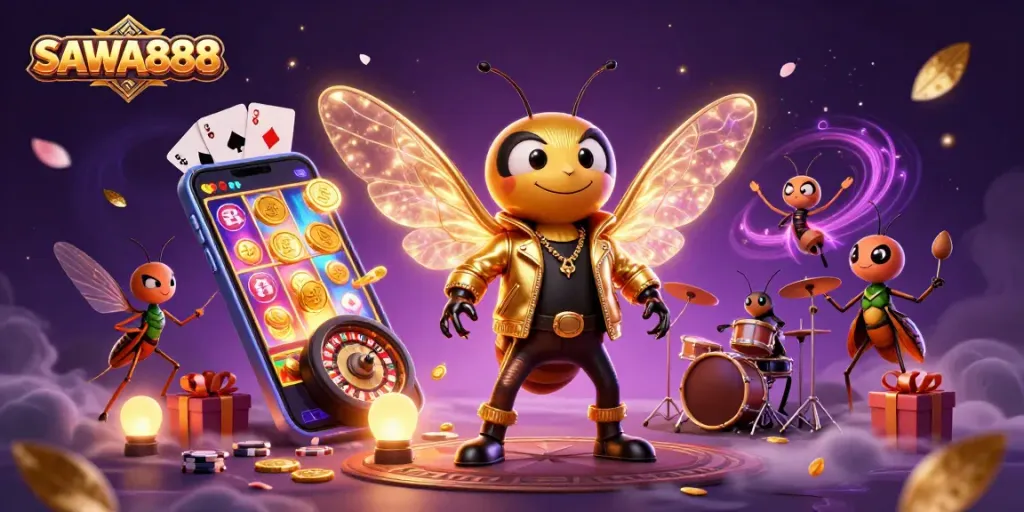 SAWA888 showcases a vibrant casino theme with a cicada rock star and game elements.