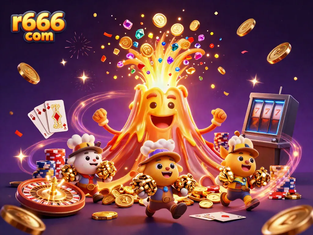 Experience the thrill with r666 com as golden treasures erupt in a vibrant casino scene.