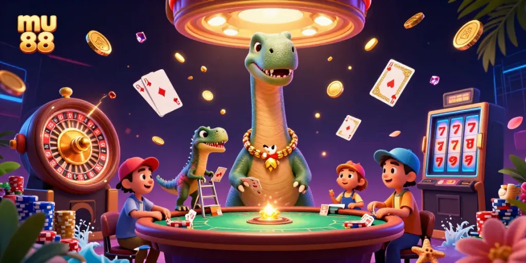 Experience thrilling gameplay at mu 88 with vibrant 3D cartoon characters in an immersive casino environment.