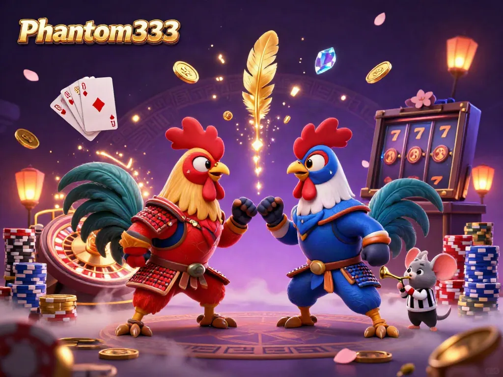 Engaging 3D illustration of Phantom333 featuring cartoon fighting roosters in a dynamic casino standoff with betting elements.