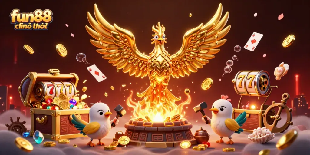 Experience the excitement of fun88 chính thức with a vibrant 3D casino scene featuring a golden phoenix and treasure.