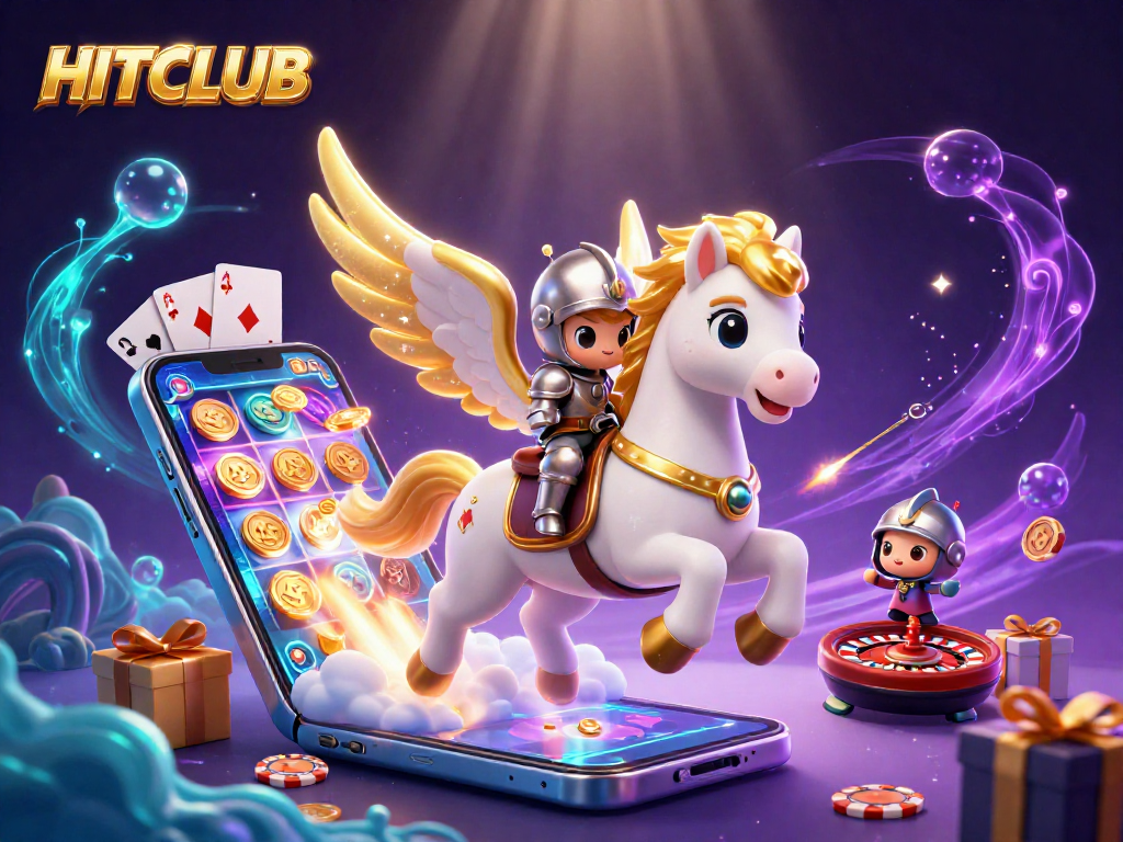 Experience HITCLUB's thrilling games with a magical 3D horse and knight in a vibrant casino scene.