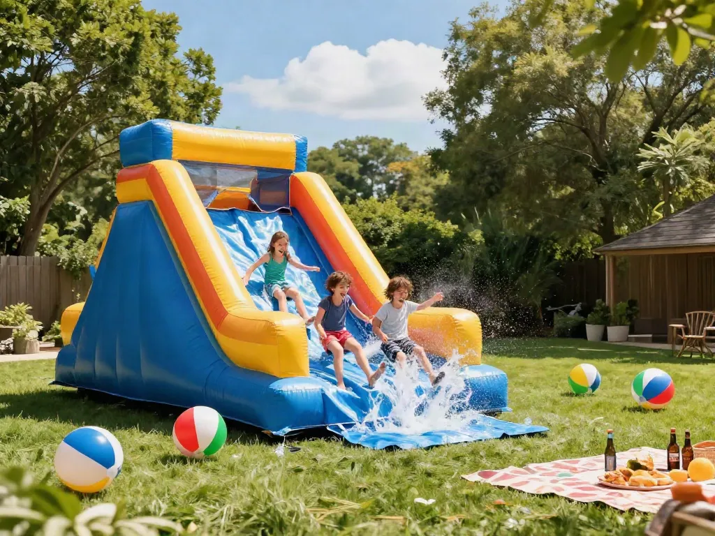 Children enjoying an inflatable water slide in a sunny backyard with snacks nearby.