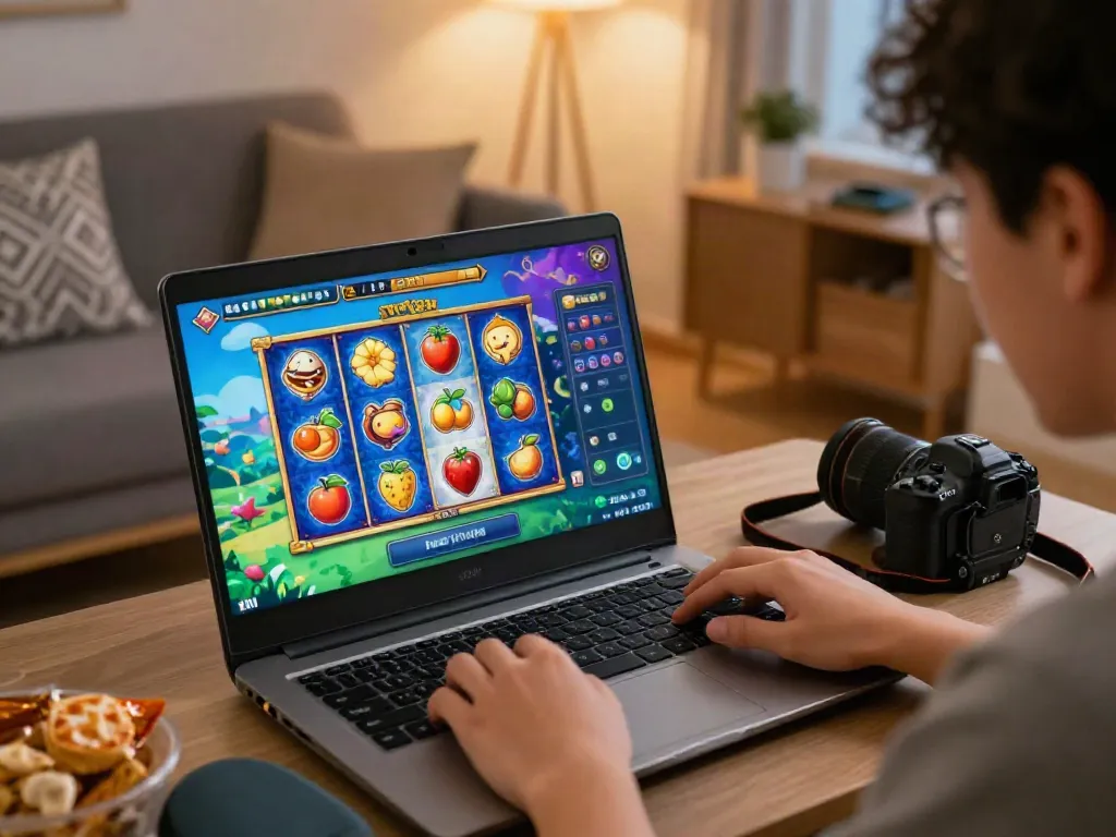 Exciting player engaging with vibrant situs slot game on laptop at home.