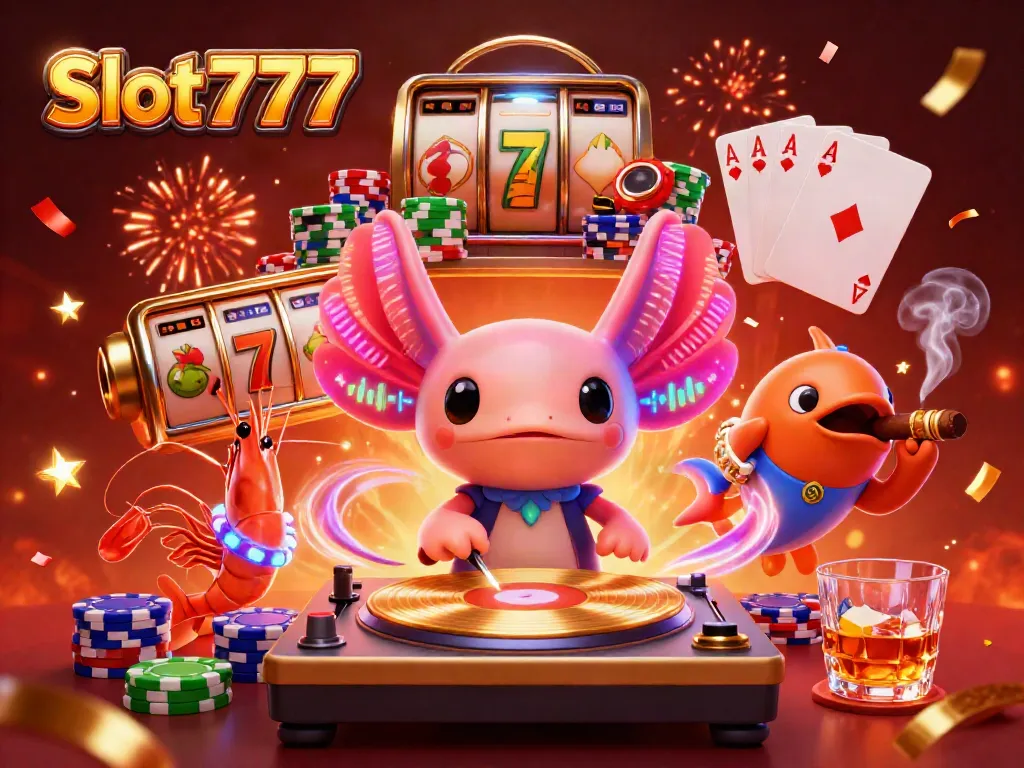 Slot777 menawarkan pengalaman bermain dengan karakter axolotl DJ dalam suasana kasino yang meriah.