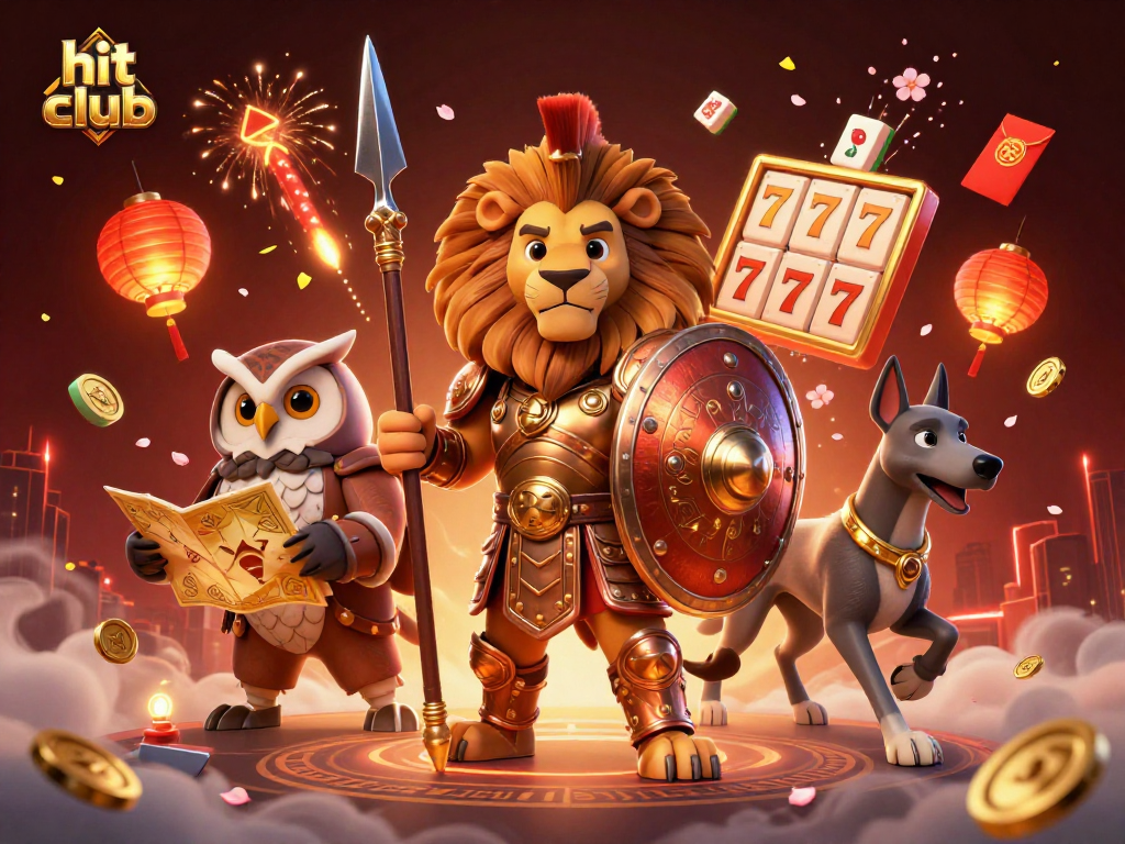 Spin the reels at hit club with a vibrant 3D illustration featuring lucky symbols and heroic characters.