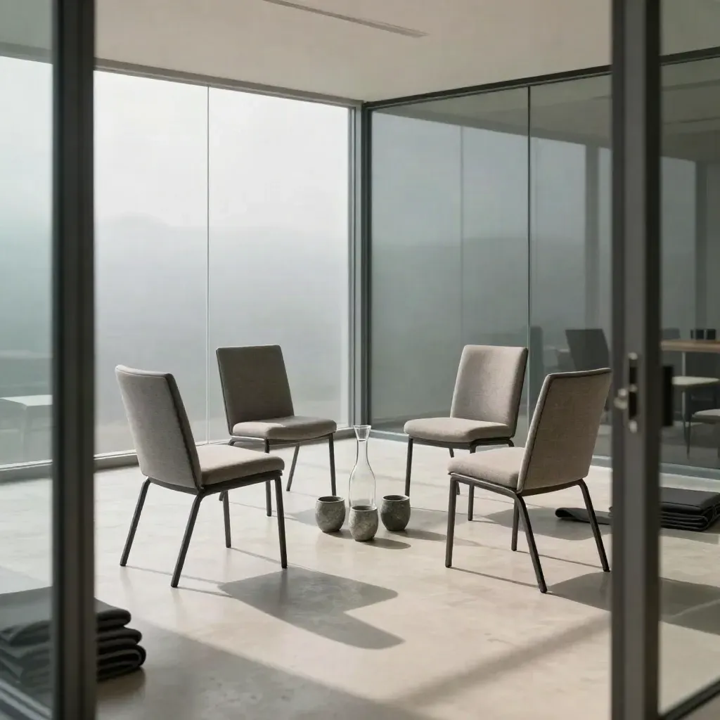 Quiet conference room with four chairs, carafe, stone cups and folded mats in cool daylight.