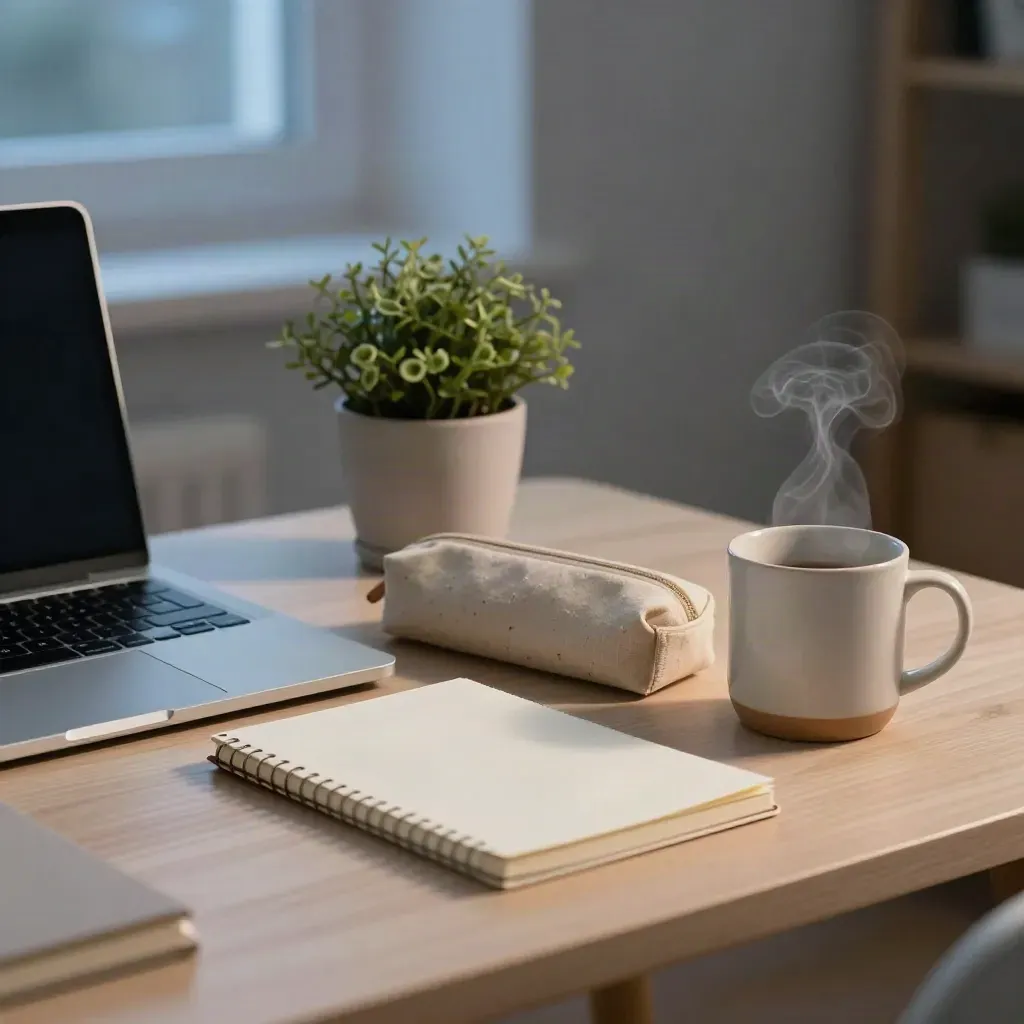 Blue-hour dorm study corner with closed laptop, notebook, plant and mug on pale wood