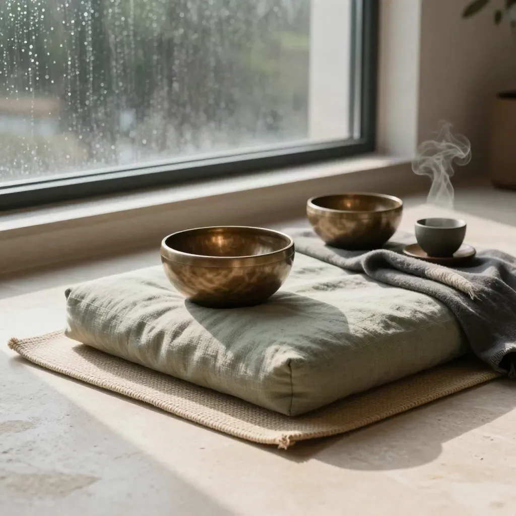 Meditation cushion, singing bowl, tea set and mat by a rain-washed window at dawn.