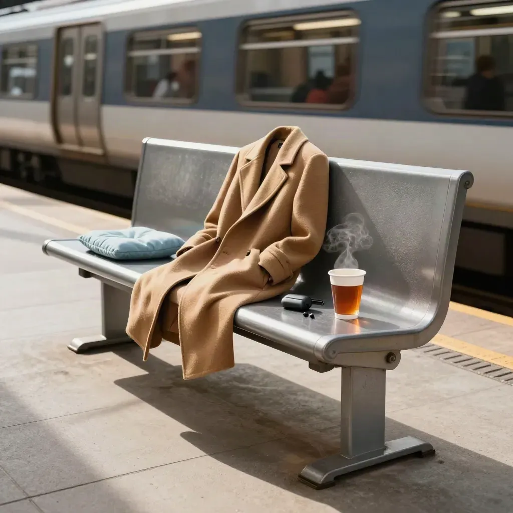Bench on a subway platform with a coat, travel cushion, tea, and a blurred arriving train.