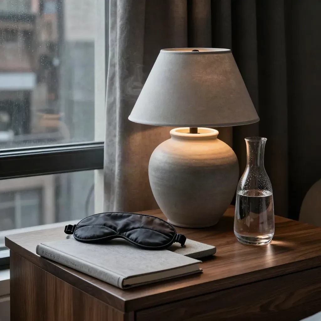 Bedside table by a dim curtain with lamp, eye mask, carafe, and sleep journal in haze.