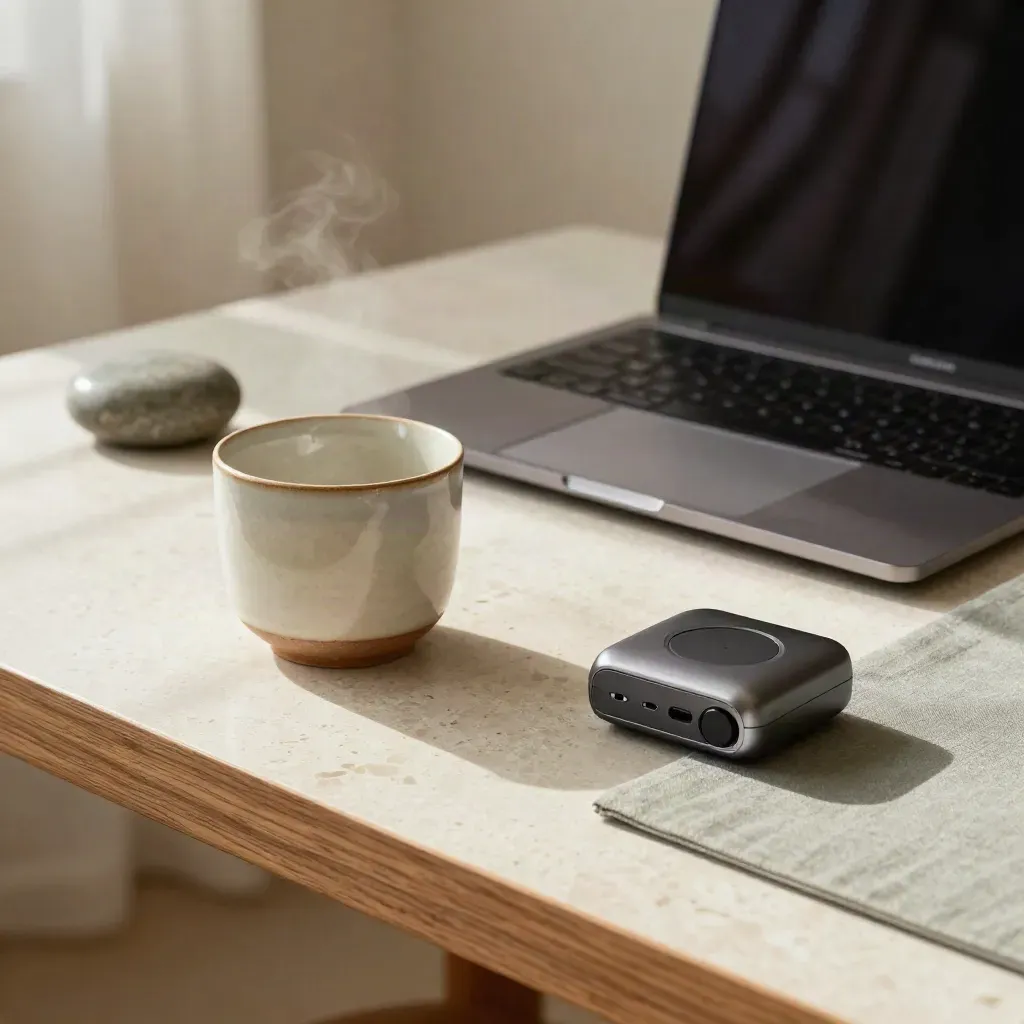 Closed laptop with cup, paperweight, and breath timer on a calm office desk.
