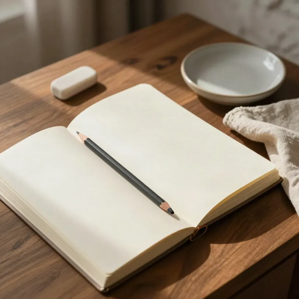 Overhead flat lay of a blank journal with pencil, eraser, linen cloth, and ceramic dish on a bedside table.