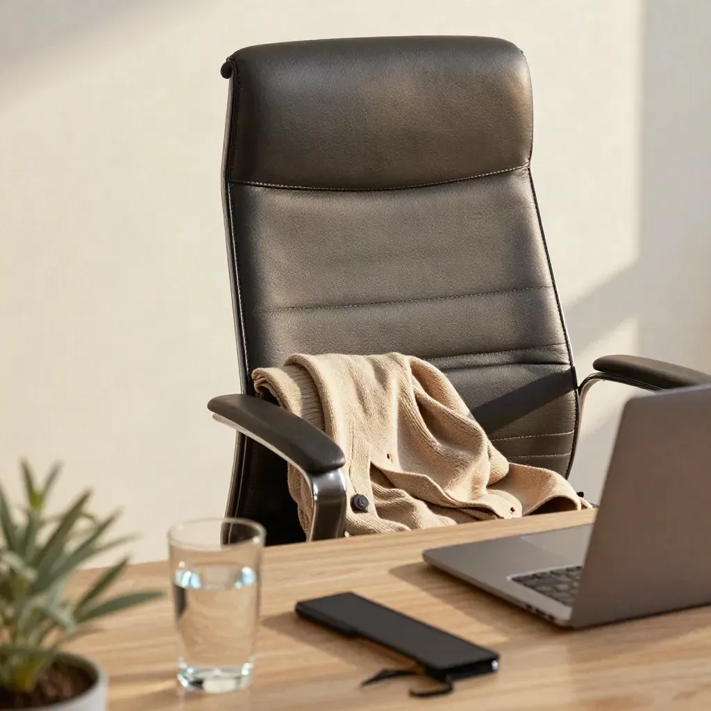 Chair leaning back beside cardigan, closed laptop, water glass, and small plant in warm late light.