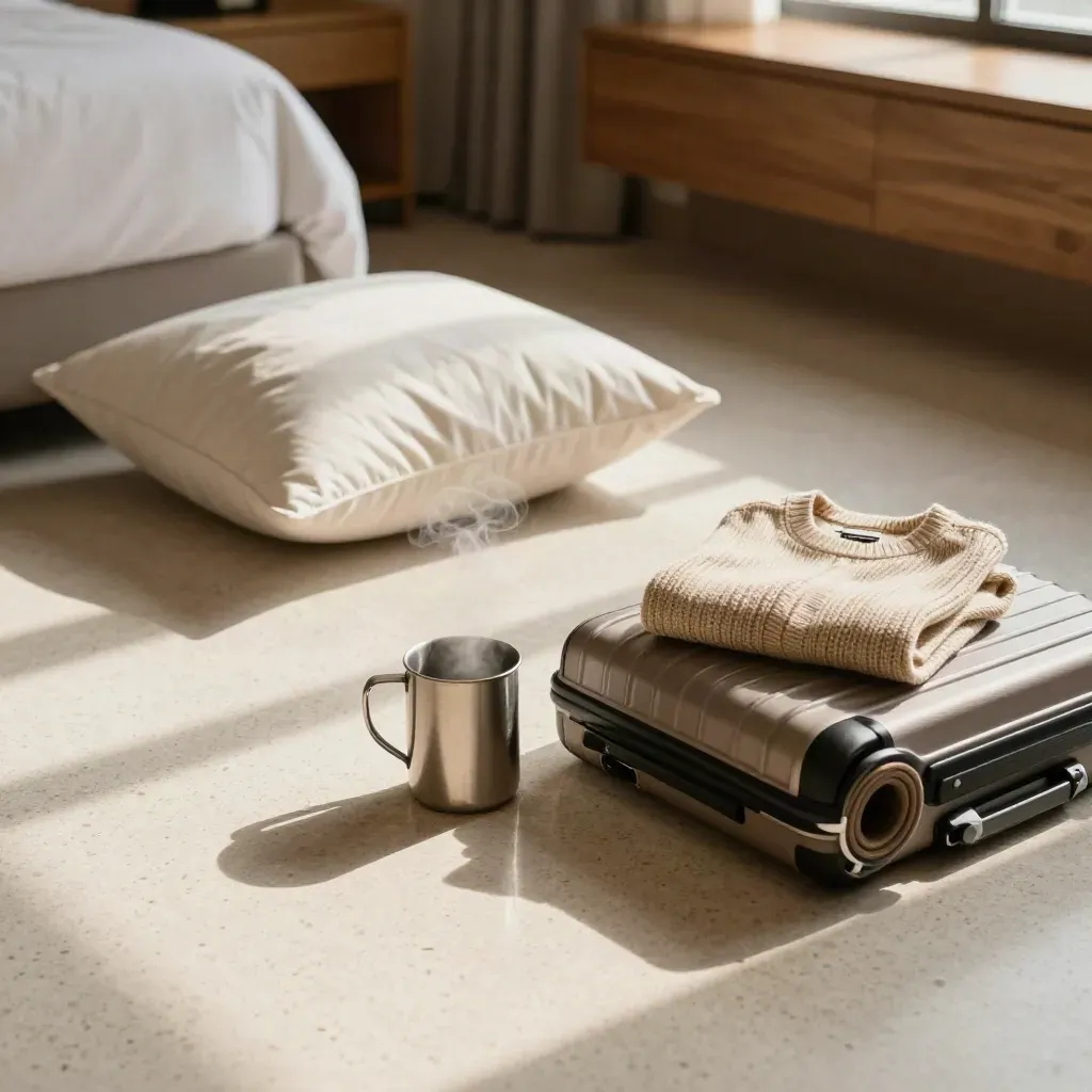 Hotel room morning still life with yoga mat, travel mug steam, sweater, suitcase, and pillow