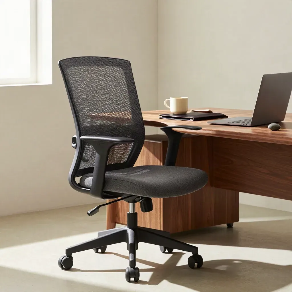 Charcoal office chair rolled back beside a closed laptop, cup, wrist rest, and breathing stone in sunbeams