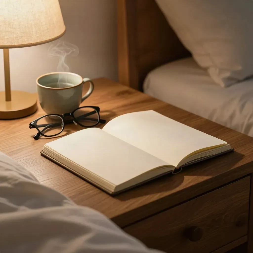 Bedside table with notebook, glasses, cup and lamp in soft warm bedtime light.