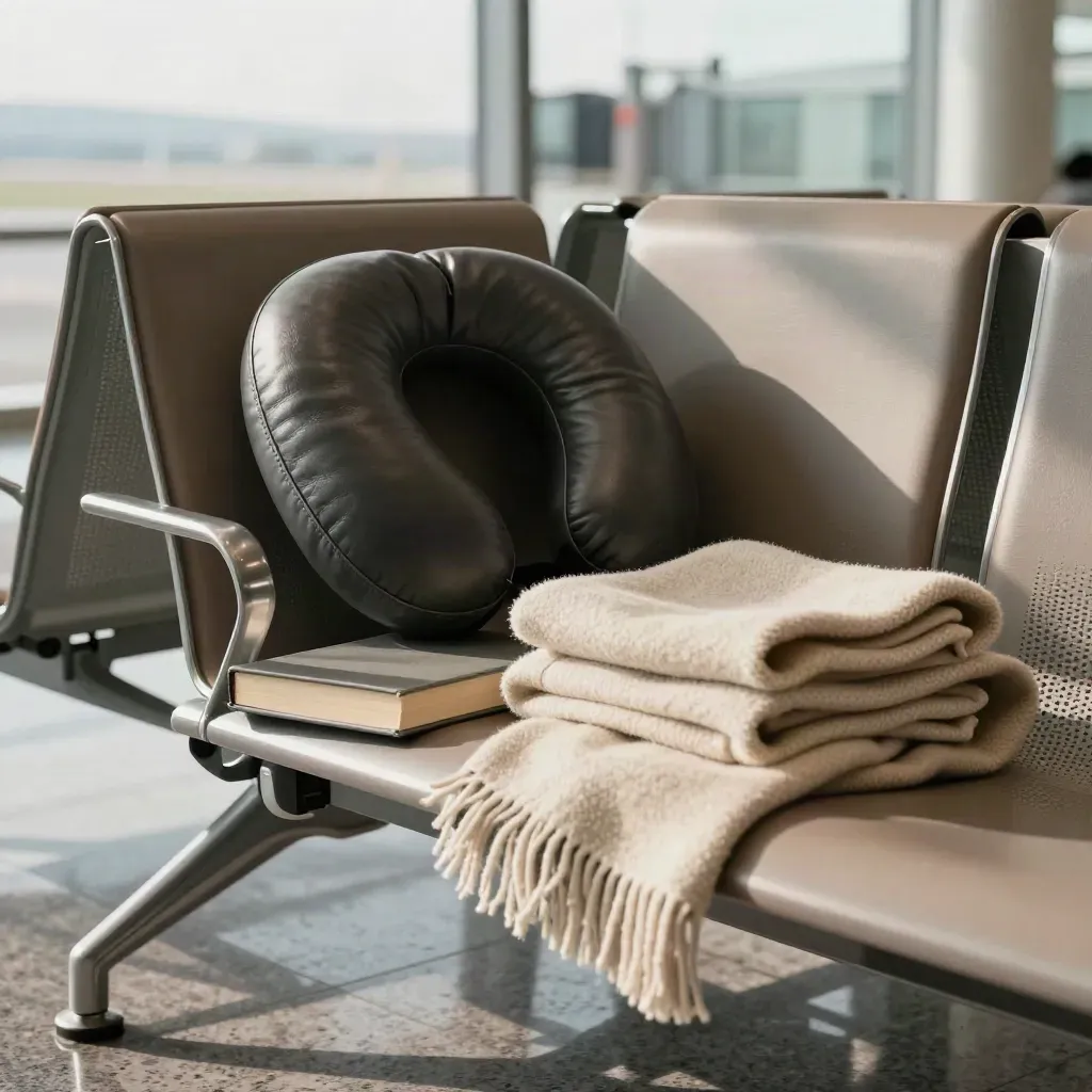 Airport lounge bench with neck pillow, blanket, closed book and carry-on in moody terminal light.