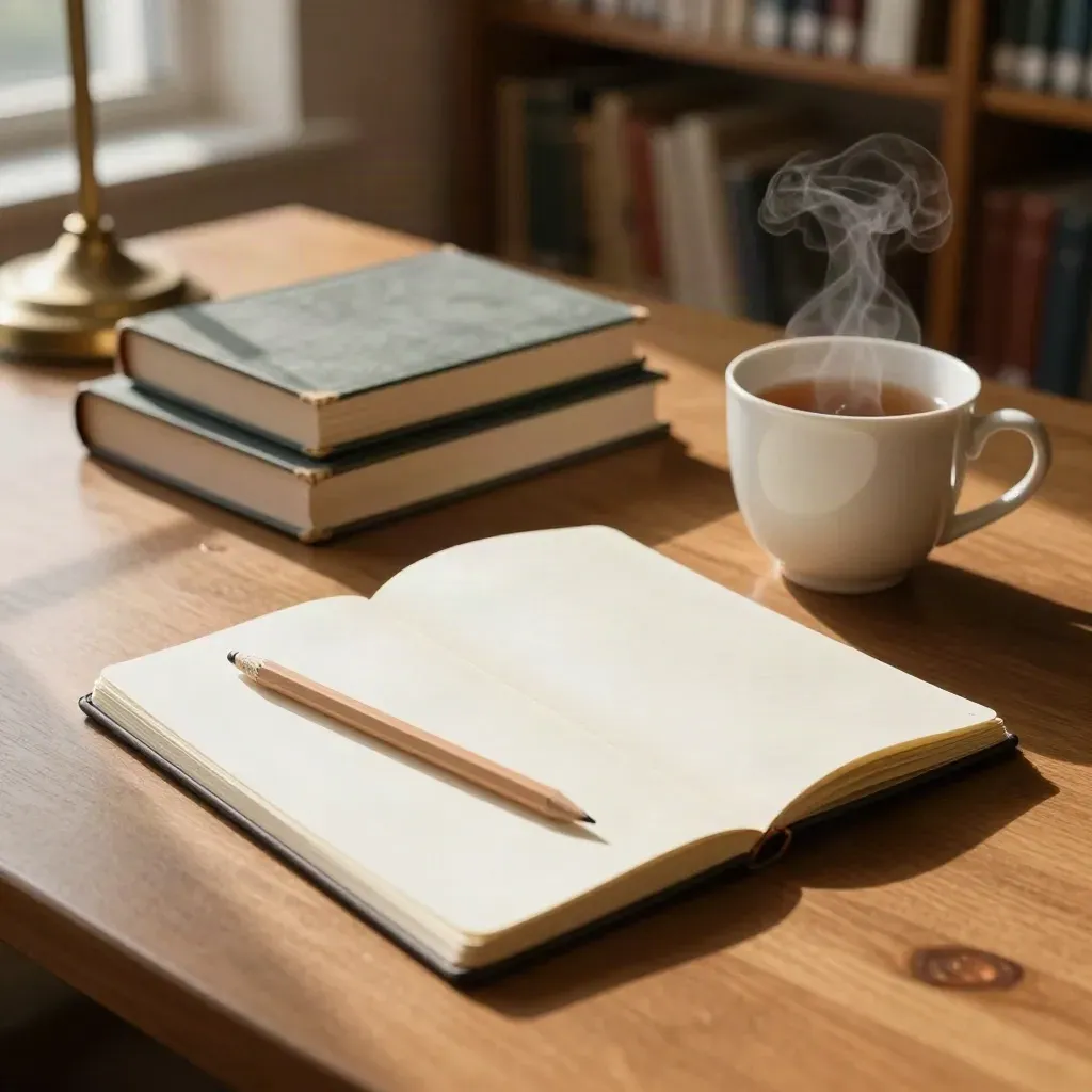 Warm library study setup with notebook, pencil, textbooks, and steaming tea in window light.