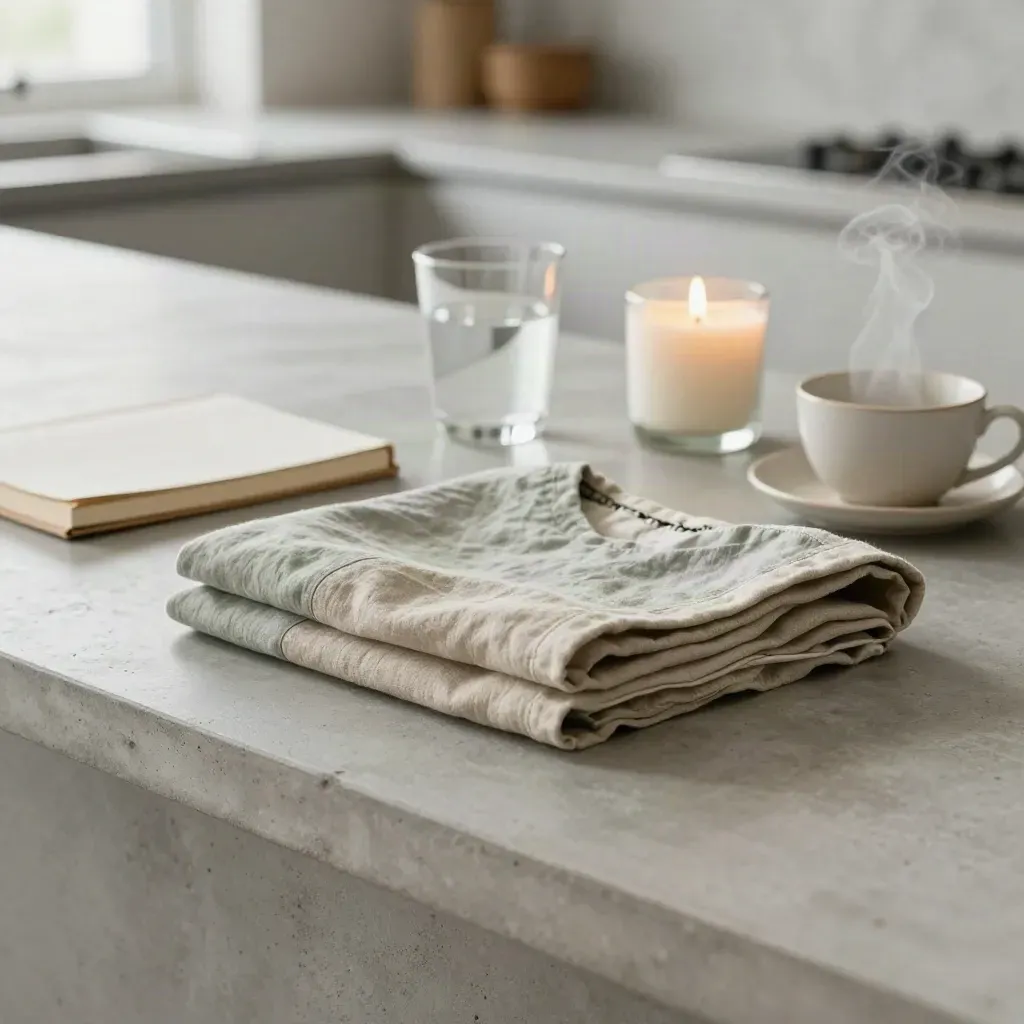 Sage outfit, closed journal, water glass, candle jar, and tea steam on a kitchen counter.