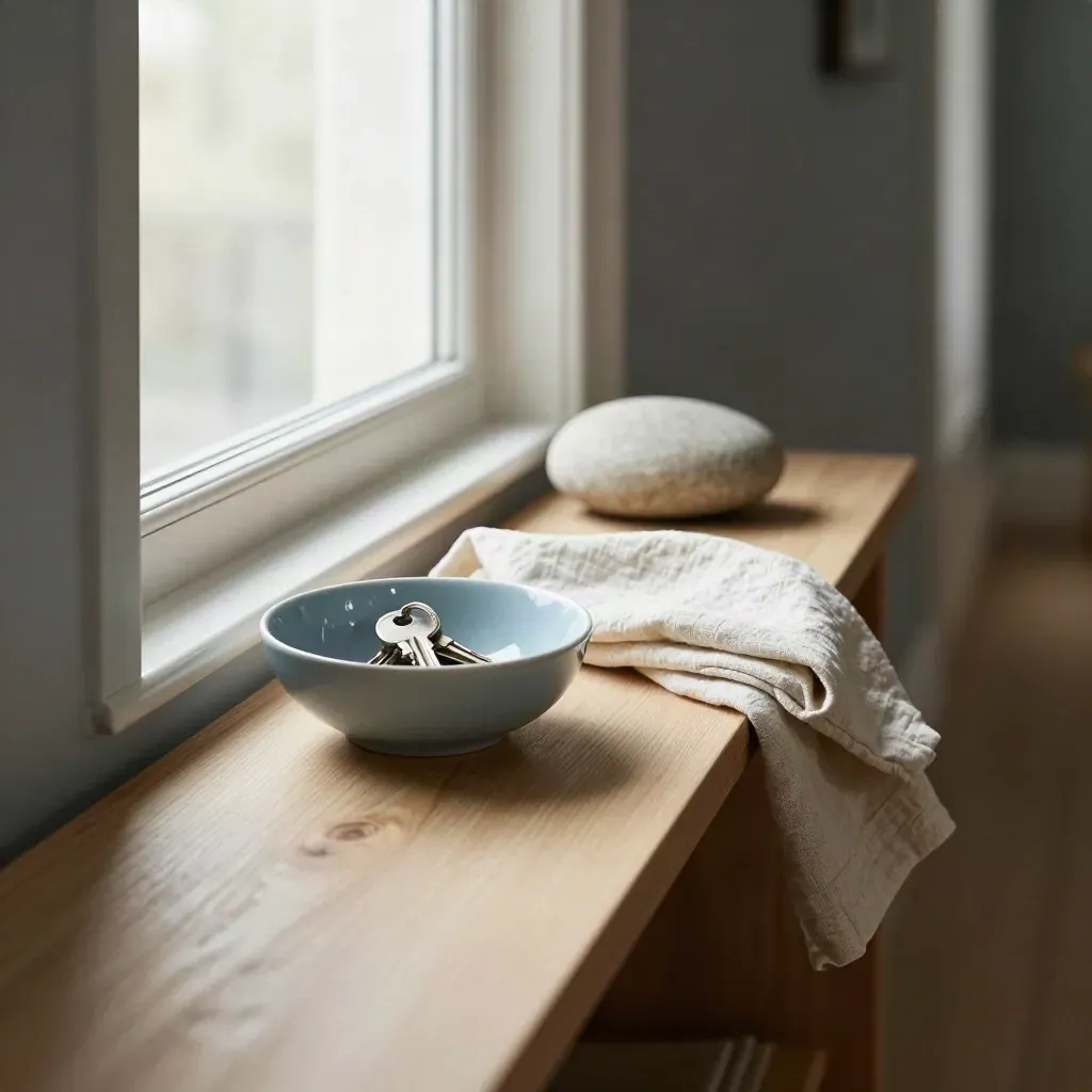 Hallway console with bowl of keys, folded cloth, and breathing stone by a bright window.