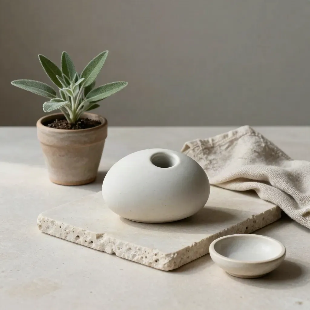 Ceramic breathing stone, potted sage plant, flax cloth and dish on pale stone in soft daylight.