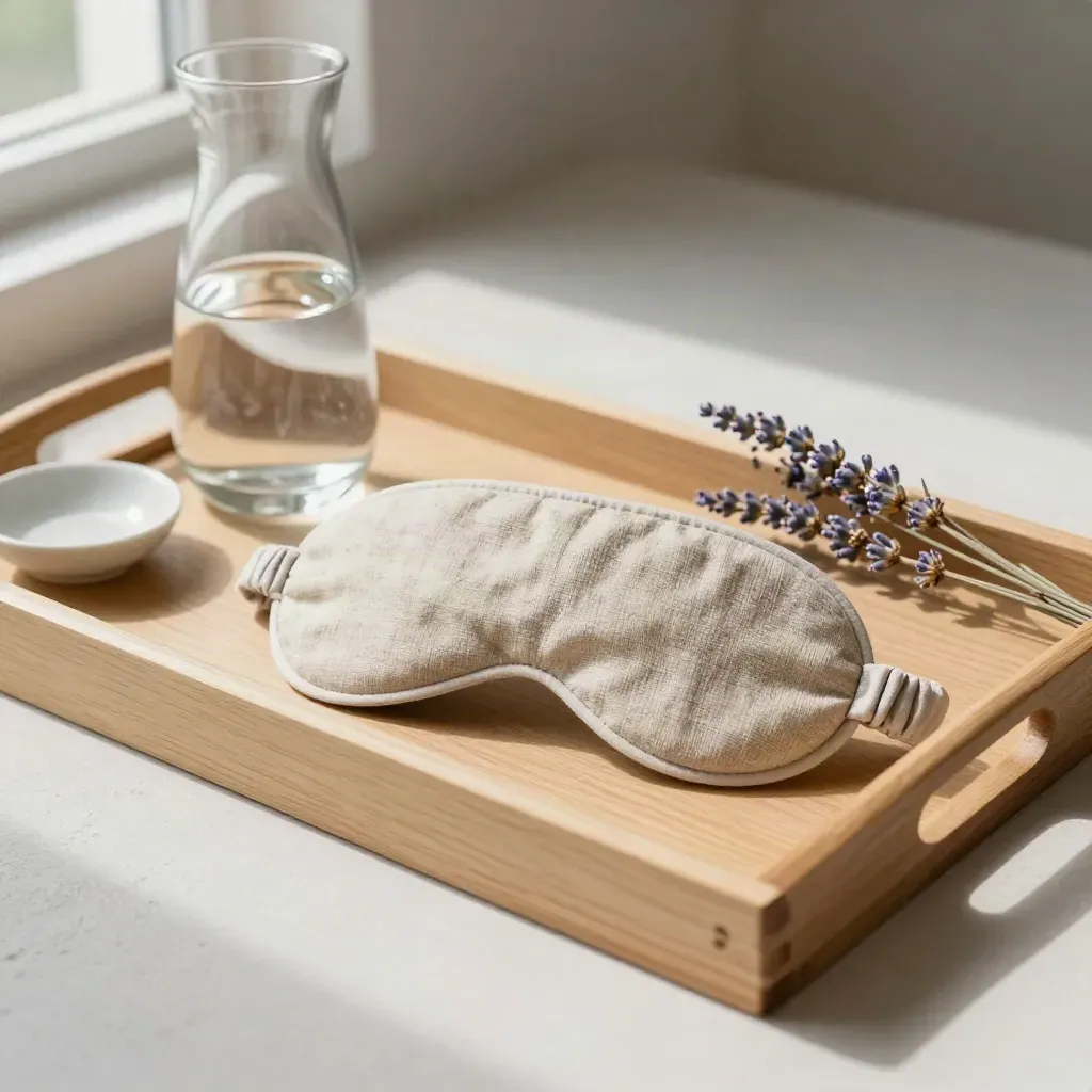 Eye mask, carafe, dish, and lavender on a wooden tray in soft window light.