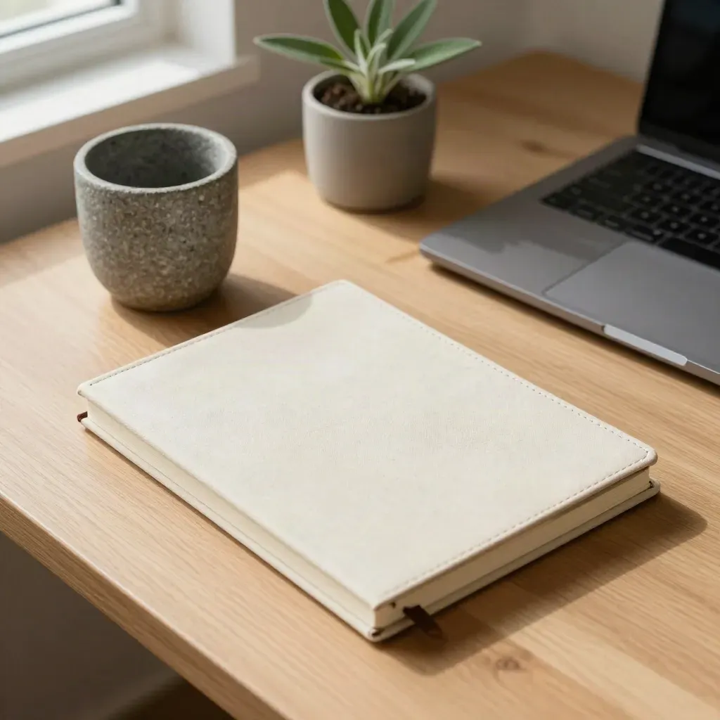 Closed notebook, stone cup, matte laptop, and tiny plant on a light oak desk in soft daylight.