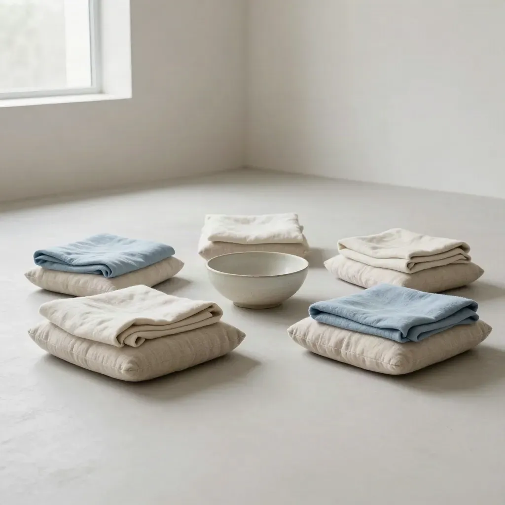 Stacked cushions, ceramic bowl, and folded blankets in a serene meditation corner.