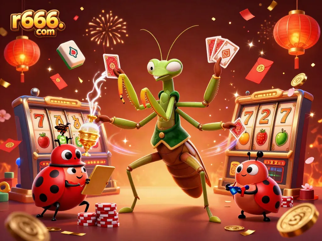 Engaging scene of a cartoon mantis dealer at r666. com celebrating with slot machine elements and festive decorations.