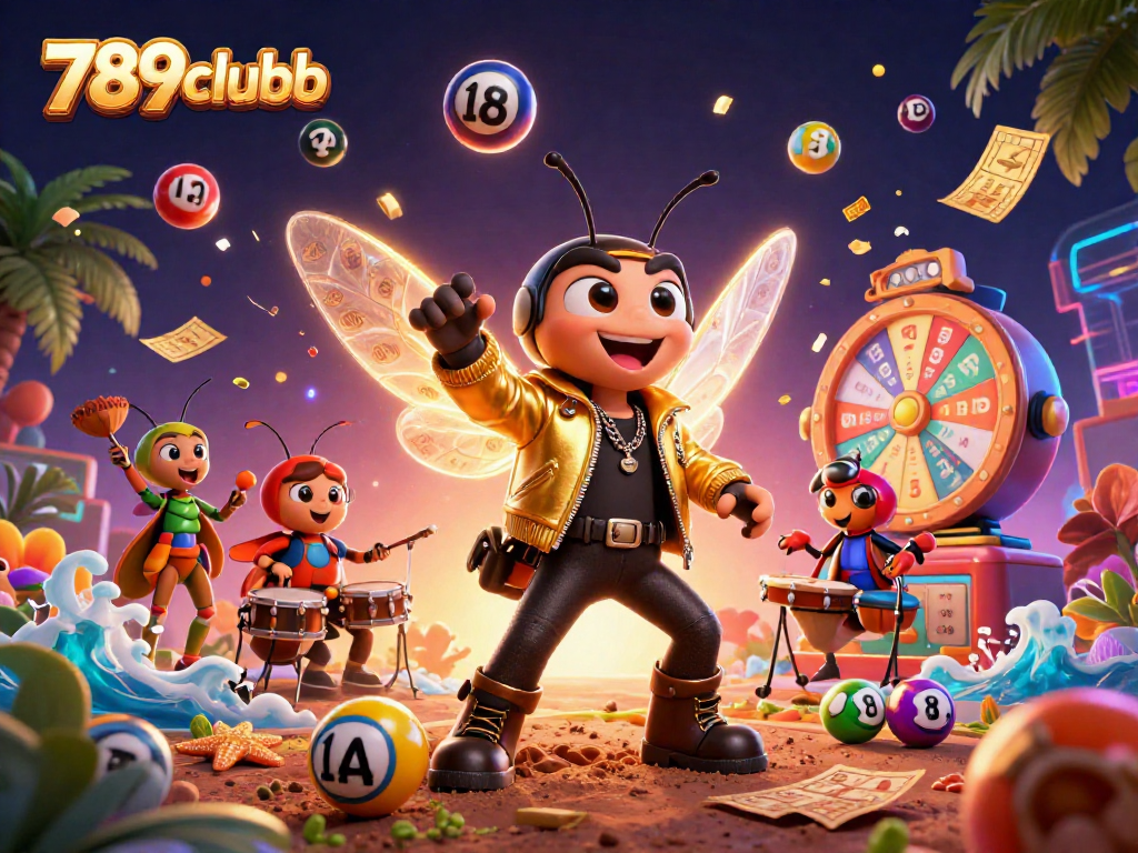 Participate in a vibrant casino scene with 789clubb featuring a rock star and colorful lottery elements.