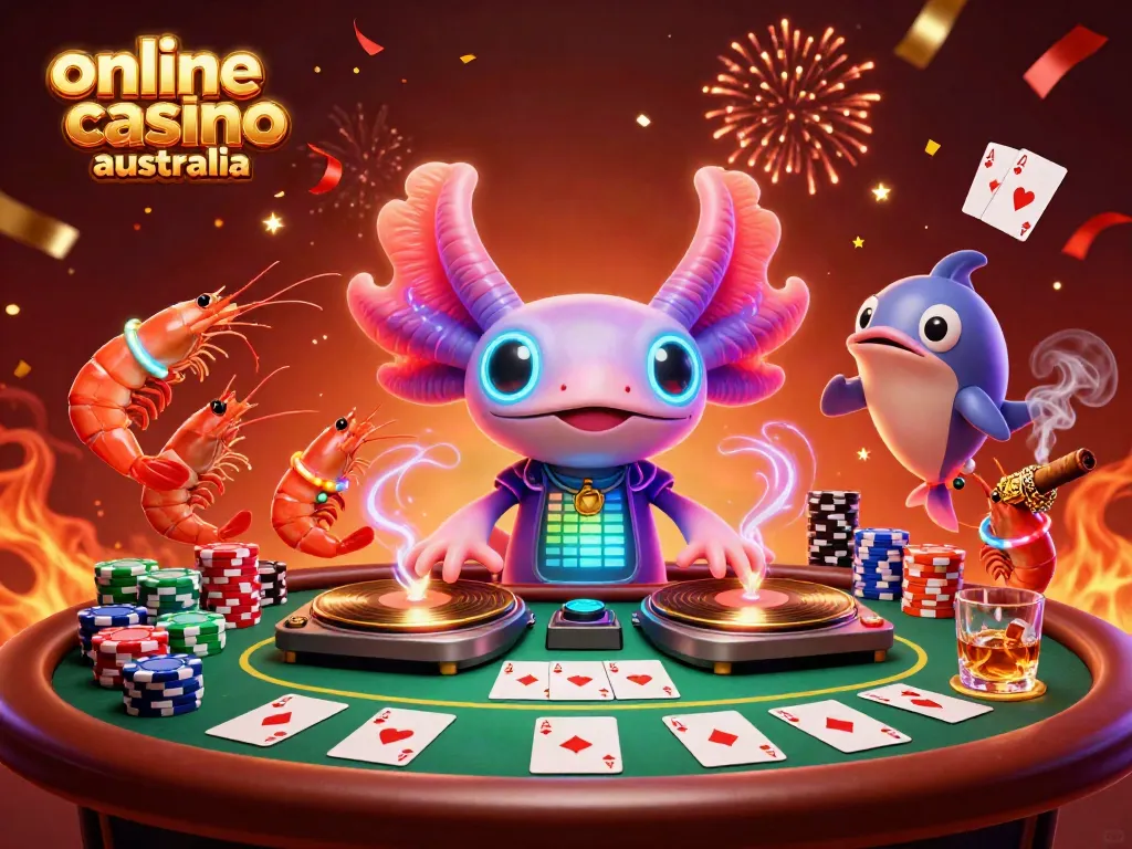 Axolotl DJ spins records at an underwater poker party celebrating online casino australia.