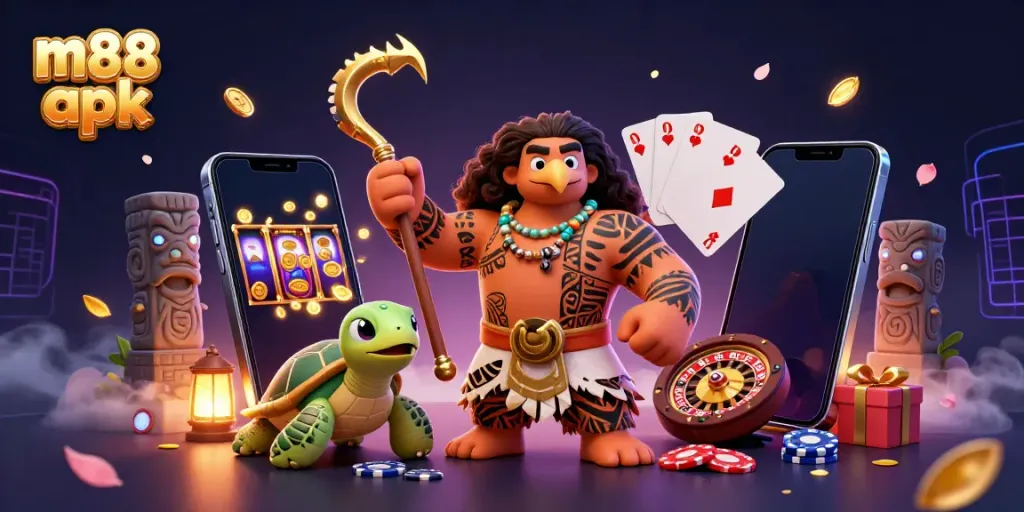 Engage with m88 apk, a vibrant 3D scene of colorful slots and dynamic gaming elements showcasing online casino excitement.