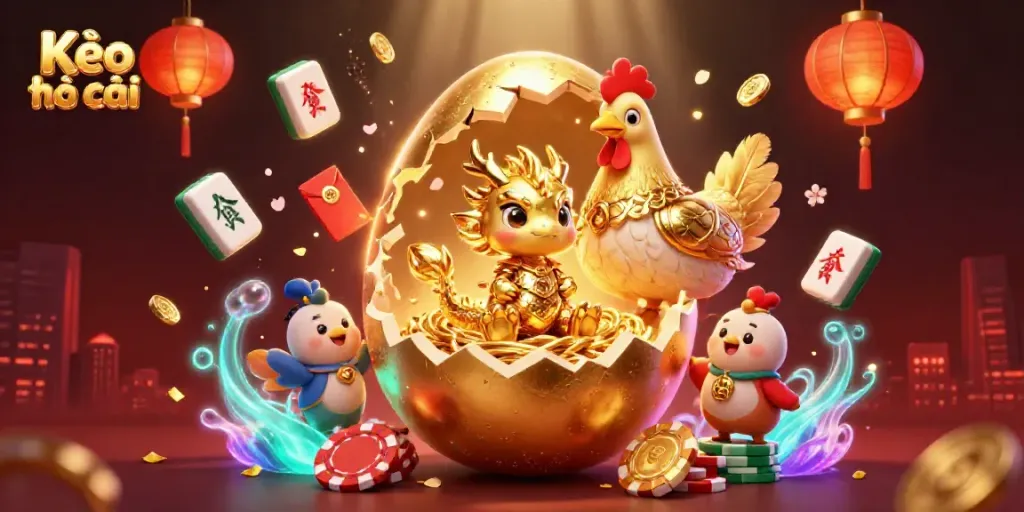 Experience excitement with Kèo nhà cái's golden dragon amidst poker chips and festive decor.