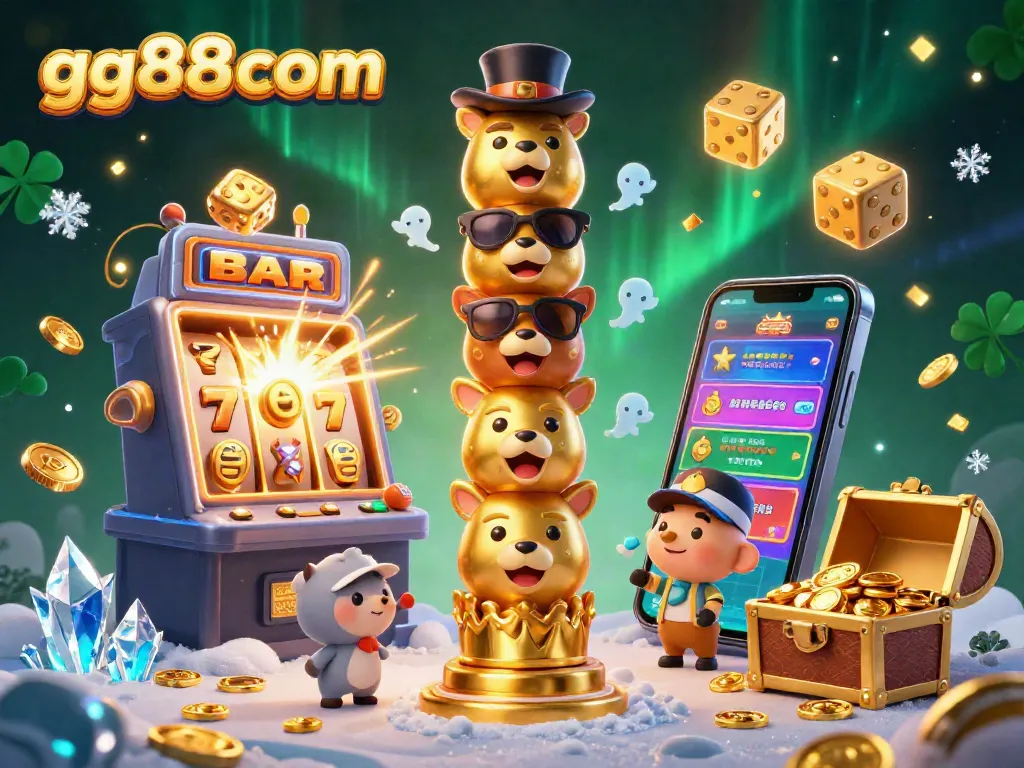 Spin and win at gg88com with a vibrant 3D casino scene filled with animated symbols and golden treasures.