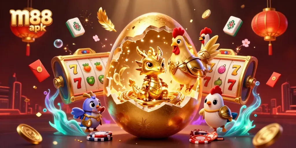 Bet on excitement with m88 apk featuring a golden baby dragon and poker chips amidst a lively casino scene.