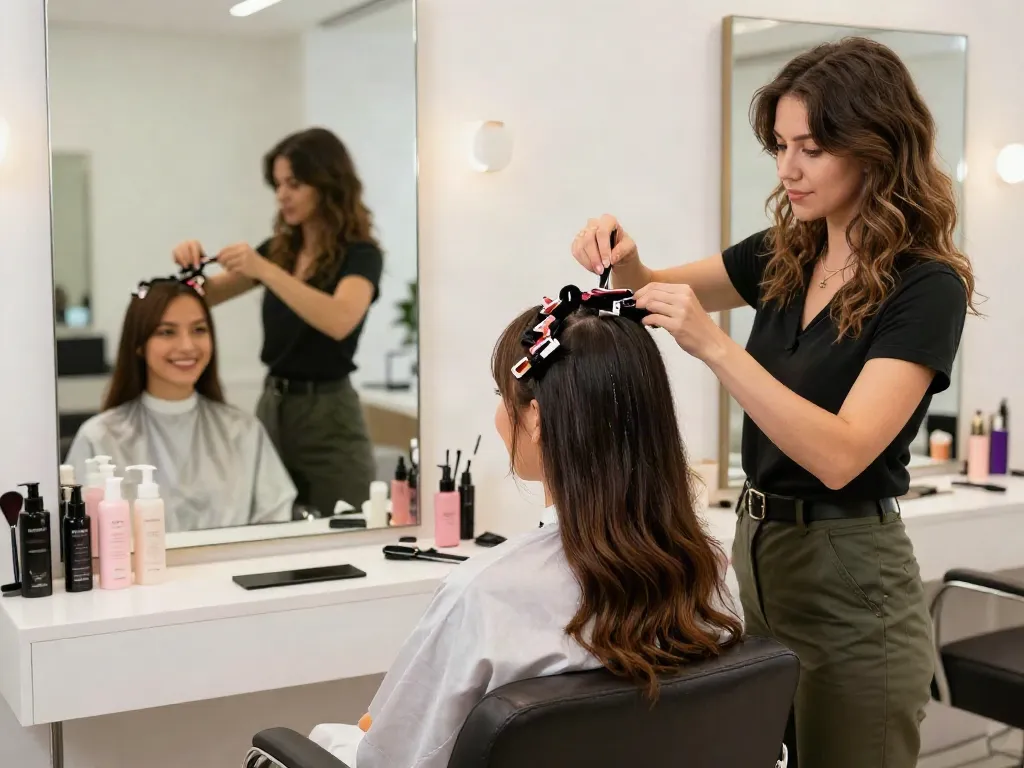 Stylist applying scalp hair fill-ins clip ins to a client's hair in a chic salon, showcasing a beautiful transformation.